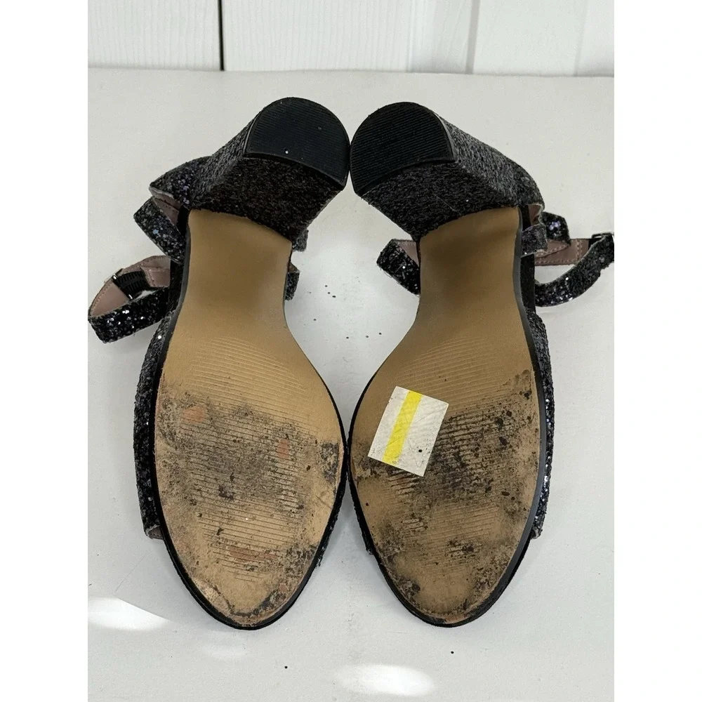 Betsey Johnson Glissten Black Glitter Heels Peep Toe Adjustable Ankle Strap Sz 9 - Picture 15 of 15